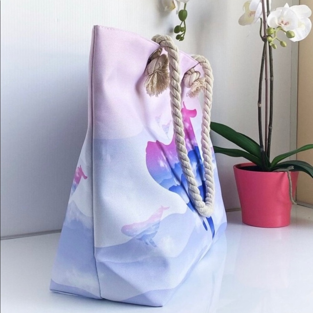 New! Ombré Ocean Whale Rope Handle Tote Travel Bag Beach with pocket - Picture 11 of 12